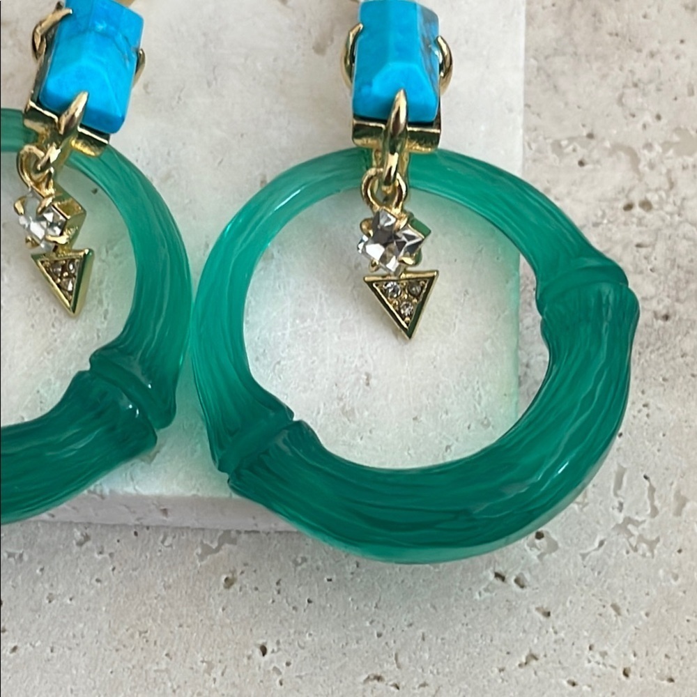 Alexis Bittar Lucite Turquoise Green Hoop Statement Earrings Gold Geometric Dang - Picture 2 of 4